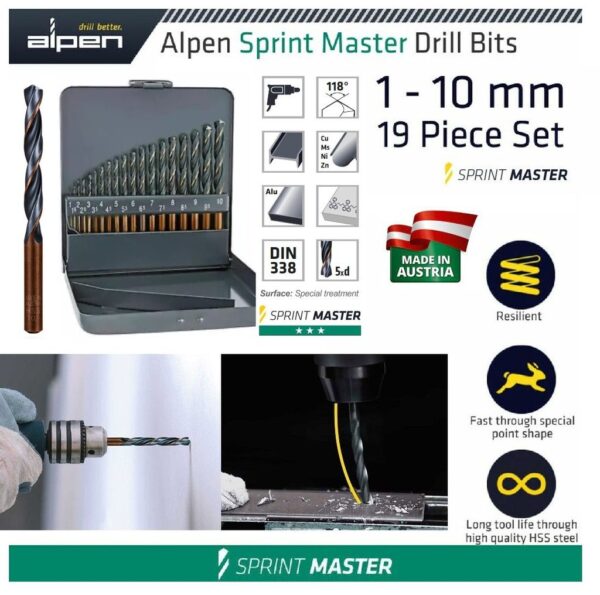Alpen HSS Sprint KM 19 Drill Bits, a white box of metal drillers with instructions pictures on a white background with Alpen logo in white and blue color from Saudi Supplier.