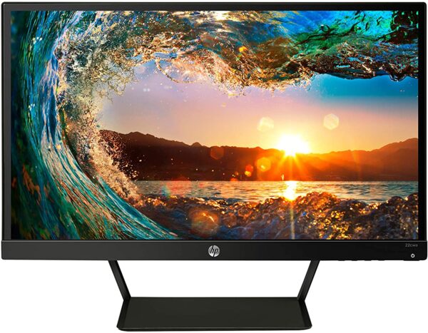 HP Pavilion 22cwa 21.5-Inch Full HD 1080p on white background with hp logo colored in silver from Saudi Supplier.