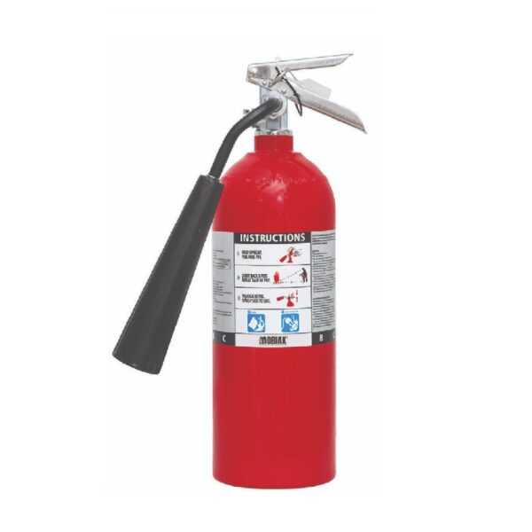 Mobiak Fire Extinguisher Cylinder made of aluminum in red color with instructions for use label from Saudi Supplier.