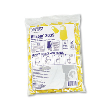 A polybag full of uncorded earplug, with logo of Bilsom brand, series number of the prodcut and other information, on a white background.