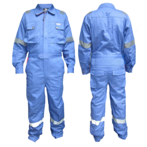 Two prime captain coverall in blue on a white background, the coverall is 100% cotton protecting against hazardous materials from Saudi Supplier.