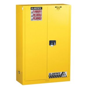 45 Gallon Yellow flammable safety cabinet, Justrite Sure-Grip® brand, made of steel on a white background from Saudi Supplier.