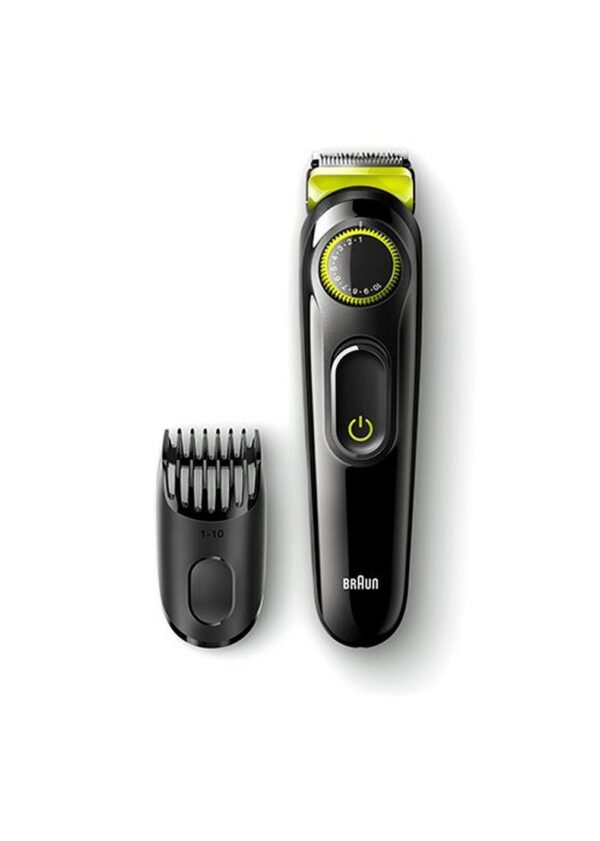Braun Beard Trimmer and Hair Clipper with a box in a vertical shape on white background with Braun logo colored in white from Saudi Supplier.