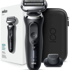 Braun Series 7 Wet & Dry Shaver with precision Trimmer in a box in a vertical shape with Braun logo colored in white from Saudi Supplier.