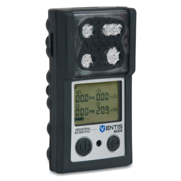 multi gas monitor with black color with a front view on a white background with Ventis MX4 logo.