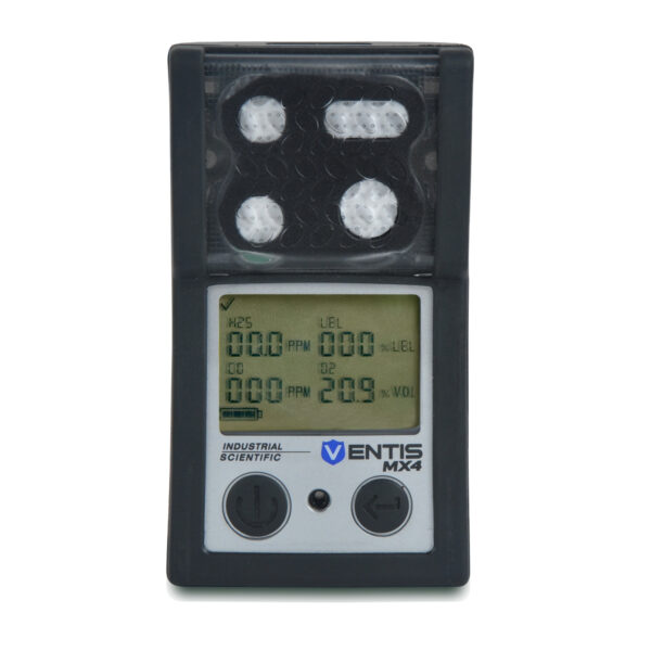 multi gas monitor with black color with a front view on a white background with Ventis MX4 logo.
