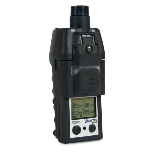 multi gas monitor with black color with an oblique angle on a white background with Ventis MX4 logo.