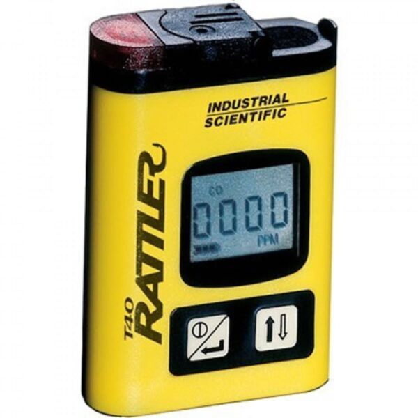 T40 Rattler H2S Hydrogen Sulfide Single Gas Monitor colored in yellow on a white background includes a digital screen with industrial scientific logo in blue color from Saudi Supplier.