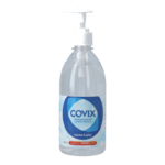 A 50 ml plastic bottle with a pump of COVIX hand sanitizer gel with civic logo in blue color, the gel kills 99% of germs and bacteria from Saudi Supplier.