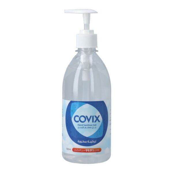 A 50 ml plastic bottle with a pump of COVIX hand sanitizer gel with civic logo in blue color, the gel kills 99% of germs and bacteria from Saudi Supplier.