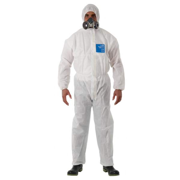 Ansell Disposable Coverall 1500 PLUS in a vertical shape colored in white with Ansell logo colored in blue from Saudi Supplier.