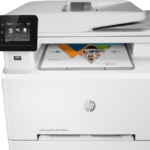 HP Color LaserJet Pro MFP M283fdw on white background with hp logo colored in silver from Saudi Supplier.
