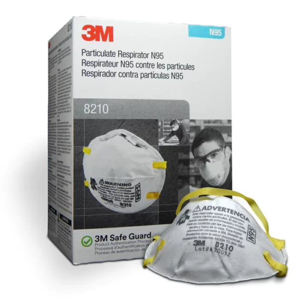 3M™ Particulate Respirator 8210, N95 Mask, Box of 20 on a white background, the mask colored in white and yellow strips with warning instructions and the 3M™ brand logo in red.