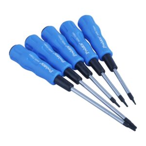Pro'sKit 5pcs Star screwdriver set, five groups of different screwdrivers in height colored in blue and black inside a plastic cover, in a vertical shape on a white background with Pros Kit logo from Saudi Supplier.