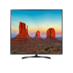 LG 65" UHD 4K Smart TV UK6400 series on a white background shows a high-quality image with lifelike colors. has a black thin frame and a thin stand from Saudi Supplier.