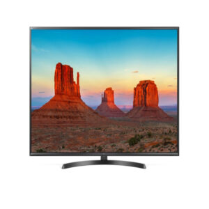 LG 65" UHD 4K Smart TV UK6400 series on a white background shows a high-quality image with lifelike colors. has a black thin frame and a thin stand from Saudi Supplier.