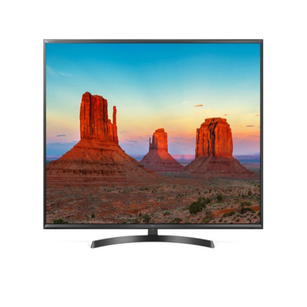 LG 65" UHD 4K Smart TV UK6400 series on a white background shows a high-quality image with lifelike colors. has a black thin frame and a thin stand from Saudi Supplier.