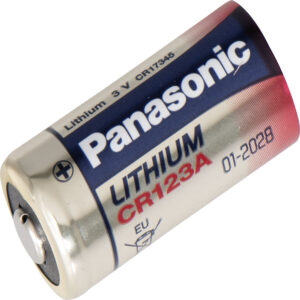 Panasonic CR123A Lithium Battery in silver color on a white background, the Panasonic logo is shown in black with the battery model “CR123A” in blue from Saudi Supplier.