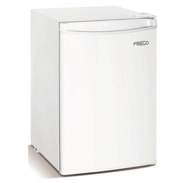 Frego single door refrigerator, 3.2 feet, in white on a white background, with a light shade below, and the Frego logo from Saudi Supplier.