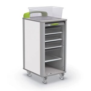 MooreCo Makerspace Small Mobile Tub Storage Cabinet, five empty shelves for storage purposes color in silver and yellow with MooreCo brand from Saudi Supplier.
