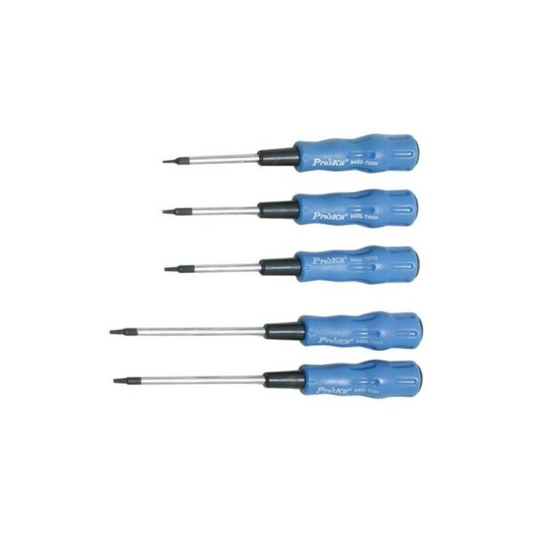 Pro’sKit 5pcs Star screwdriver set, five groups of different screwdrivers in height colored in blue and black in a horizontal shape on a white background with Pros Kit logo in white from Saudi Supplier.