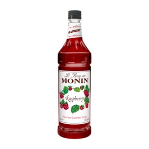 Monin Raspberry Syrup 1Ltr bottle with cloudy red color from Saudi Supplier.