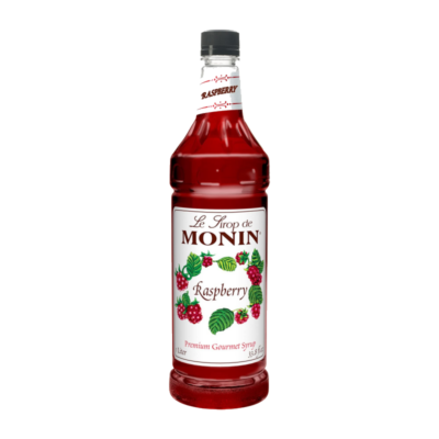 Monin Raspberry Syrup 1Ltr bottle with cloudy red color from Saudi Supplier.
