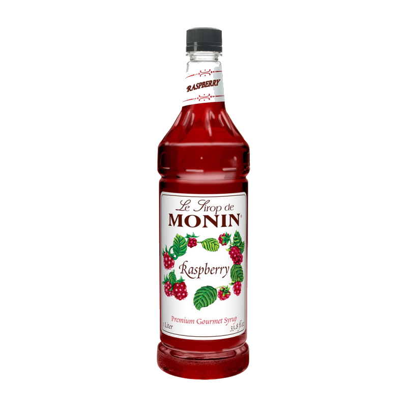 Monin Raspberry Syrup 1Ltr bottle with cloudy red color from Saudi Supplier.
