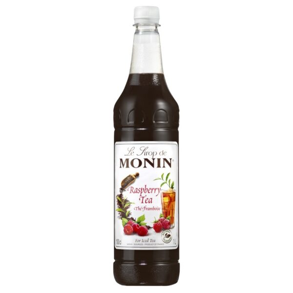 Monin Raspberry Tea syrup 1Ltr bottle with Dark Red color from Saudi Supplier.